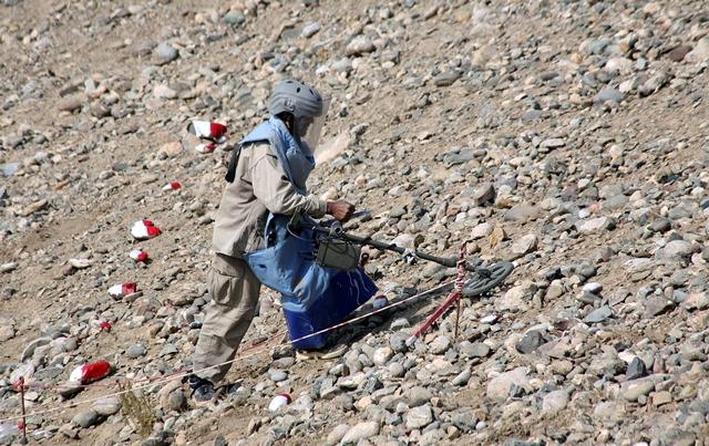 In this file photo from 2008, a de-mining expert detects anti-personnel land mine for clearance in the north-eastern Afghan province of Kunduz. Photo: UNAMA / Jawad Jalali