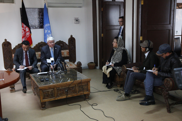 The UN Under-Secretary-General for Peacekeeping Operations, Hervé Ladsous, during a brief media encounter on 27 March 2014 in the capital, Kabul. Photo: Fardin Waezi / UNAMA