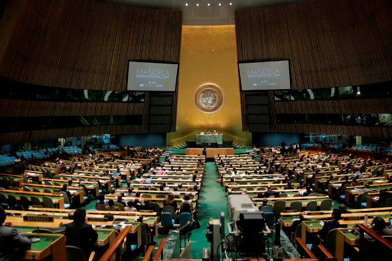 A wide view of the General Assembly on 16 July 2010 as it held an informal meeting to celebrate the first International Nelson Mandela Day, officially 18 July, when Mr. Mandela turned 92. UN Photo / Devra Berkowitz
