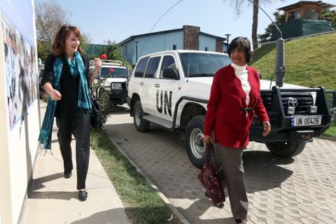Navi Pillay (right) in the Afghan capital, Kabul, during her visit to the country in September 2013. Photo: Eric Kanalstein / UNAMA