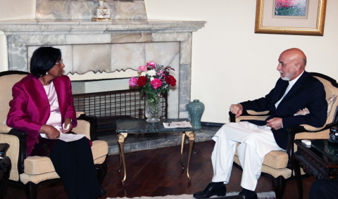 Navi Pillay (left) met President Hamid Karzai during her visit to Afghanistan in September 2013. Photo: Afghan Presidential Palace