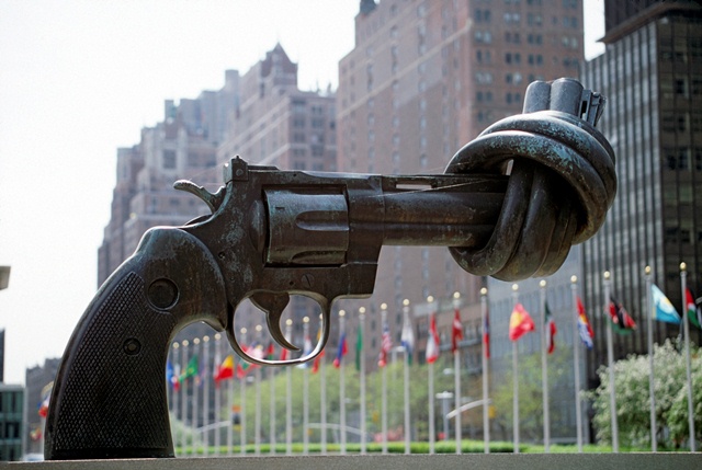 "Non-Violence", a sculpture by Karl Fredrik Reutersward, sits permanently outside UN Headquarters in New York. (UN Photo)