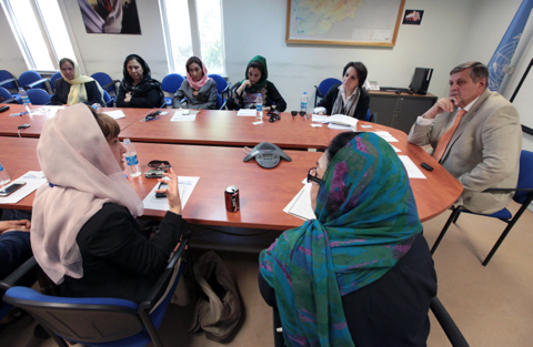“Progress in ending harmful practices, intimidation and violence against women and girls can enable them to fully and actively participate in the country's political and economic development. This contributes to improvements in the lives of all Afghans," said the Secretary-General’s Special Representative for Afghanistan, Ján Kubiš, shown here listening to a group of women activists in the Afghan capital, Kabul. Photo: Eric Kanalstein / UNAMA