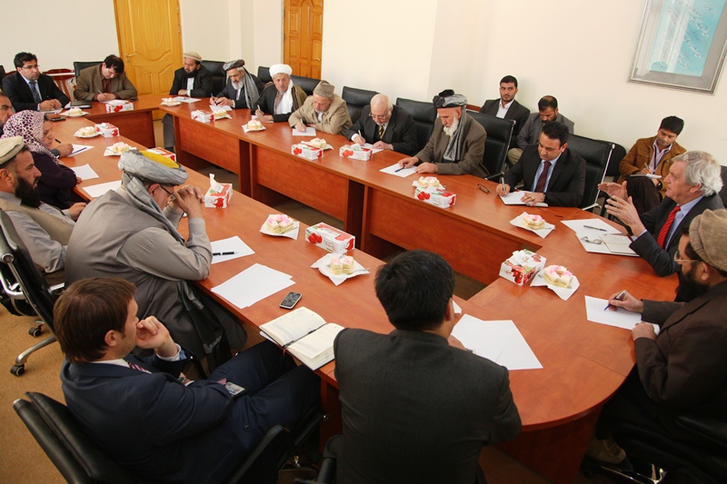 The UN Secretary-General’s Deputy Special Representative for Afghanistan, Nicholas Haysom (on red tie), speaking to members and senior officials of the High Peace Council of Afghanistan, in Kabul, on 30 April 2013. Photo: Fardin Waezi / UNAMA
