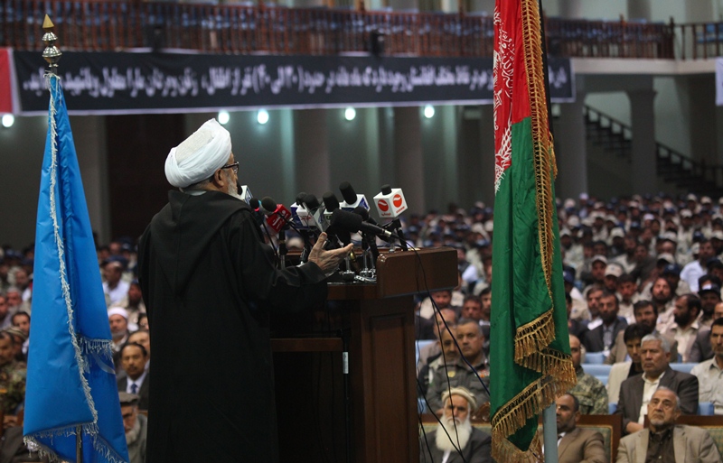 First ever President of Afghanistan, Sibghatullah Mojaddidi, addressing a ceremony organized in the Afghan capital, Kabul, to mark the International Day for Mine Awareness and Assistance in Mine Action on 3 April 2013. Photo: UNAMA / Fardin Waezi